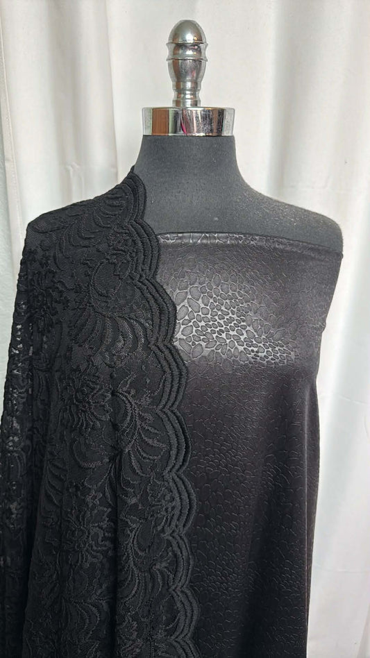 BLACK LACE/EMBOSSED ITY BUNDLE : 3YD Black Animal Embossed Foil ITY & 2.5YD Double-Border Stretch Lace : A29523