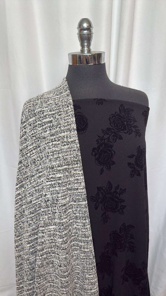 BLACK FLOCKED FLORAL BUNDLE : 3YD Black Floral Flocked Liverpool & 2YD Cotton-Blend w/Lurex DK : A26098