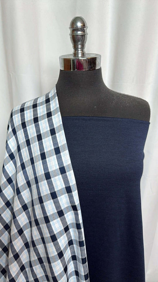 NAVY/PLAID BUNDLE : 2YD Heathered Navy Ponte & 2YD Plaid P/R Woven : A29402