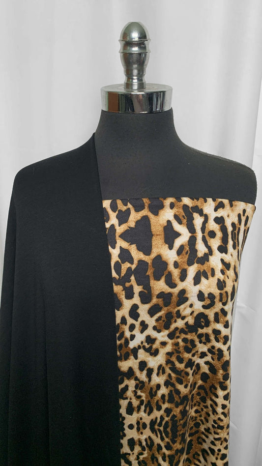 BLACK/BROWN LEOPARD BUNDLE : 2YD Leopard Ponte & 2YD Black Modal/Spandex Brushed FT : A25772