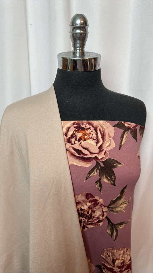 TAUPE/MAUVE FLORAL BUNDLE : 2YD Mauve Floral DBP & 2YD Taupe Nylon Ponte : A26923