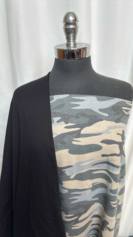 BLACK/CAMO BUNDLE : 2YD Camo Brushed PRS FT & 1+YD Black Sweatshirt Fleece (72" Wide) : A28316