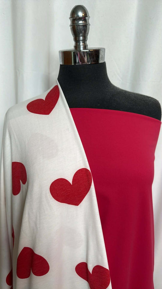 RED/HEARTS BUNDLE : 2YD Red Brushed Wicking Interlock & 2YD Ivory/Red Hearts PRS FT : A29646