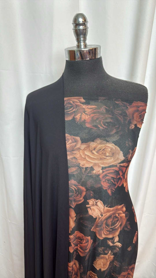 BLACK/ROSES MESH BUNDLE : 2.5YD Roses Stretch Mesh & 2YD Black N/S : A27593