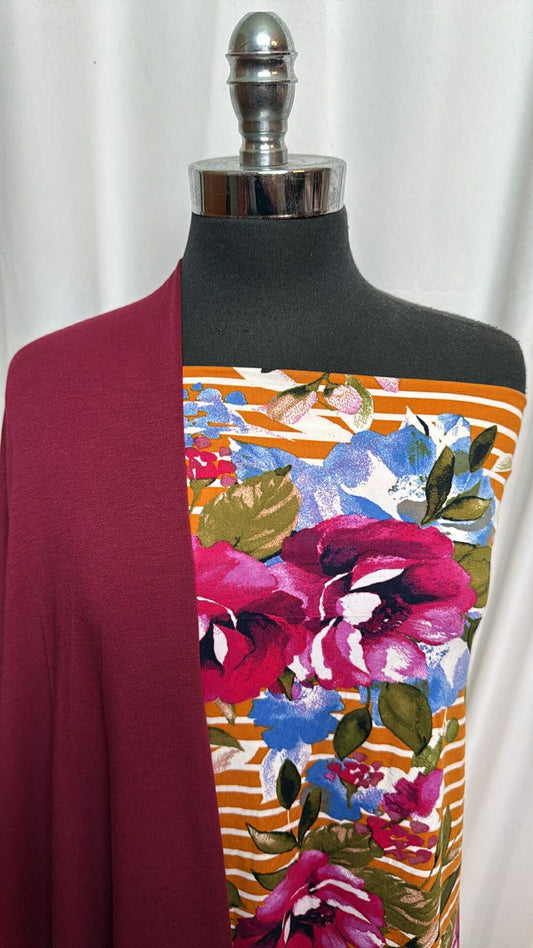 BURGUNDY/FLORAL STRIPE BUNDLE : 1YD Floral/Stripe DBP & 2YD Burgundy Brushed PRS FT : A28105