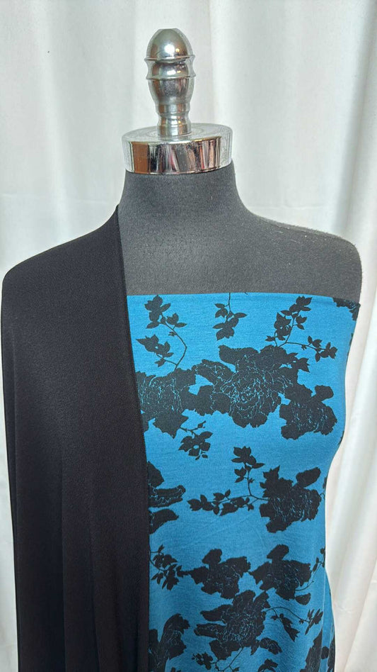 BLACK/BLUE FLORAL BUNDLE : 2YD Blue Floral Bamboo/Spandex & 2YD Black P/S Crepe Jersey : A27899