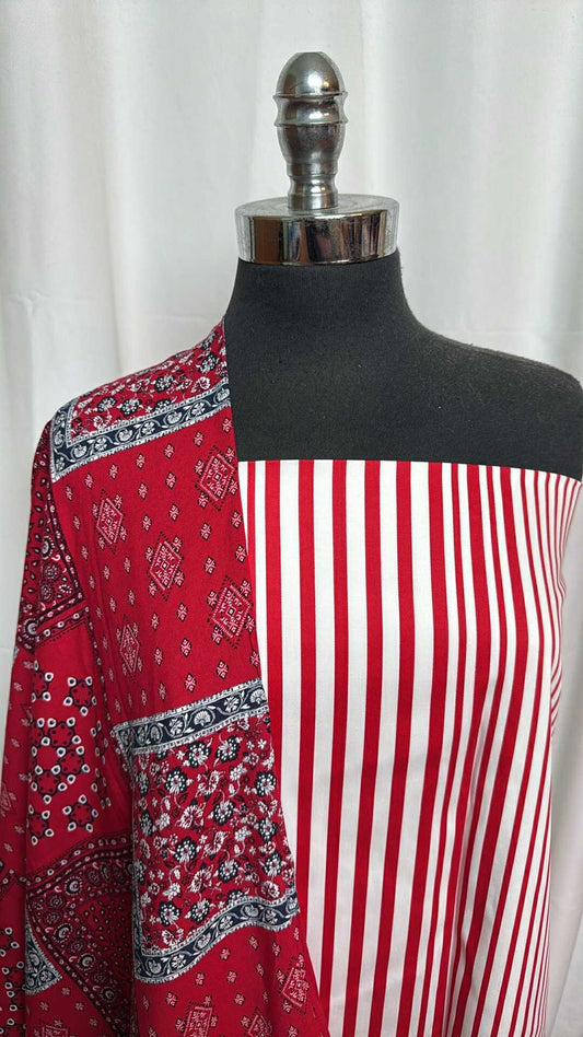 STRIPE/SCARF BUNDLE : 2YD Stripe C/S Sateen Stretch Woven & 2YD Scarf Print Rayon Challis : A27679