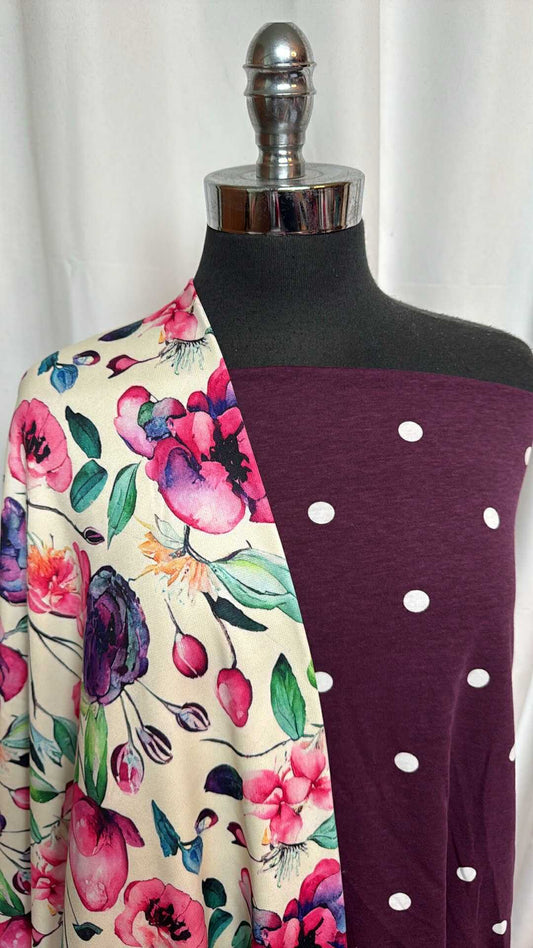 DOT/PINK-PURPLE FLORAL BUNDLE : 3YD Plum Dot C/S & 1+YD Pink/Purple Floral Sport Fleece : A28577