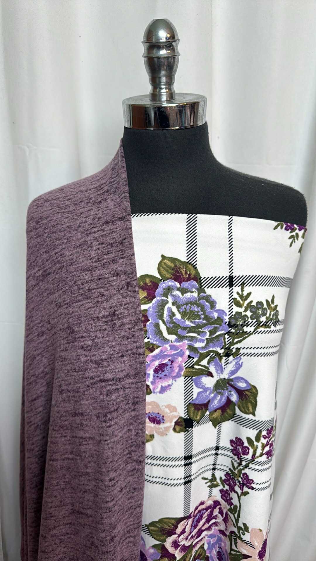 PURPLE/PLAID-FLORAL BUNDLE : 2YD Plaid/Floral Crepe Scuba & 2YD Purple Brushed Hacci SK : A27932