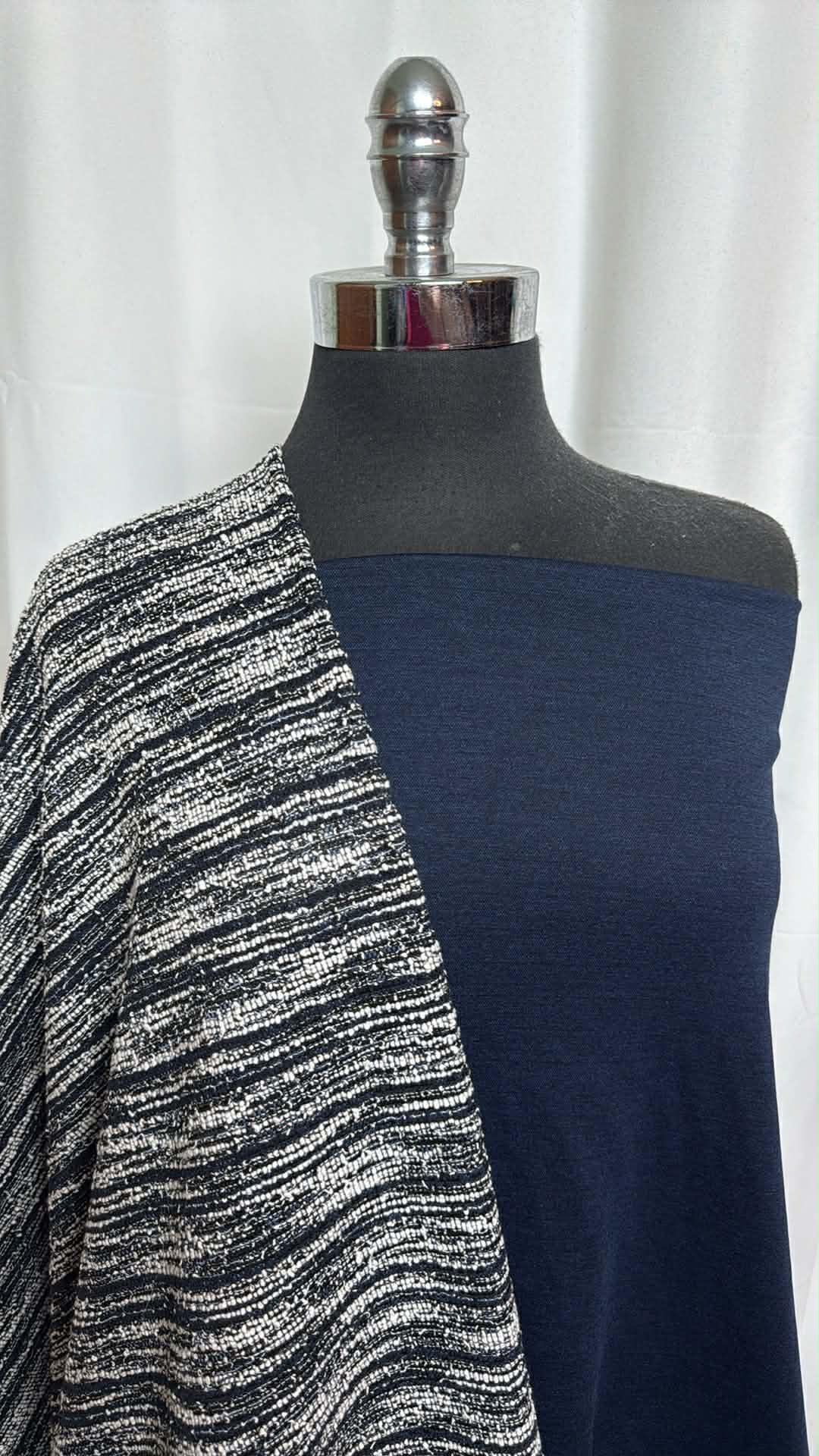 NAVY/BLACK-WHITE DOUBLE KNIT BUNDLE : 2YD Heathered Navy Ponte & 1.5YD Black/White Cotton-Blend DK : A29403
