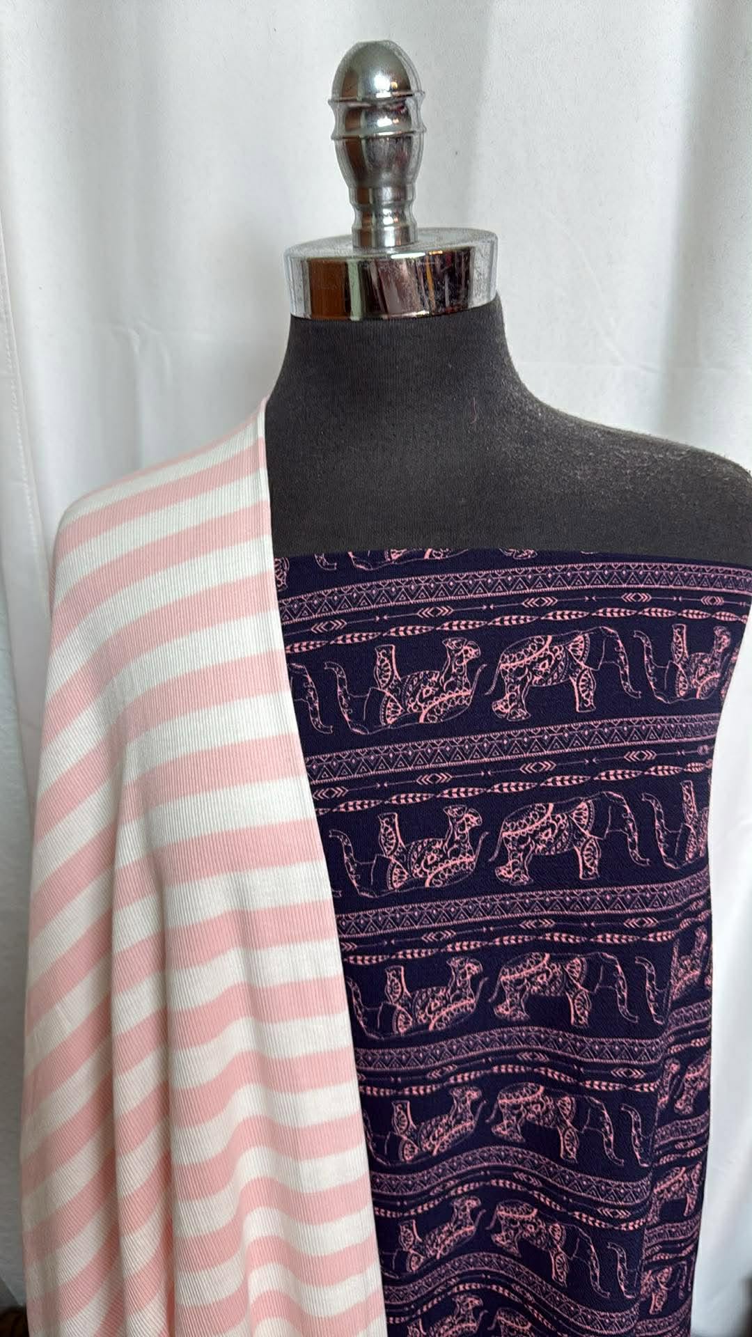 ELEPHANT/PINK STRIPE BUNDLE : 2YD Elephant Bubble Crepe & 2YD Pink Stripe Cotton Rib : A30070