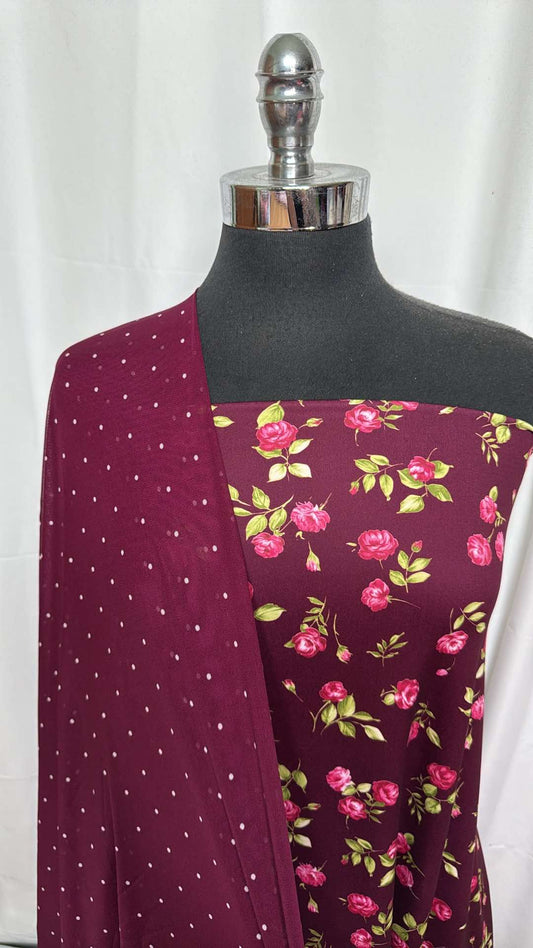 BURGUNDY FLORAL/DOT BUNDLE : 2.5YD Burgundy Floral Yoga PF & 2YD Burgundy Dot Stretch Mesh : A27388