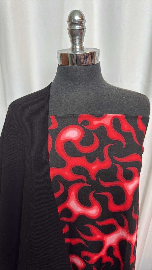 BLACK/RED FLAMES BUNDLE : 30" Cut of Black C/S Rib & 1YD Black/Red Flames Yoga PF : A28190