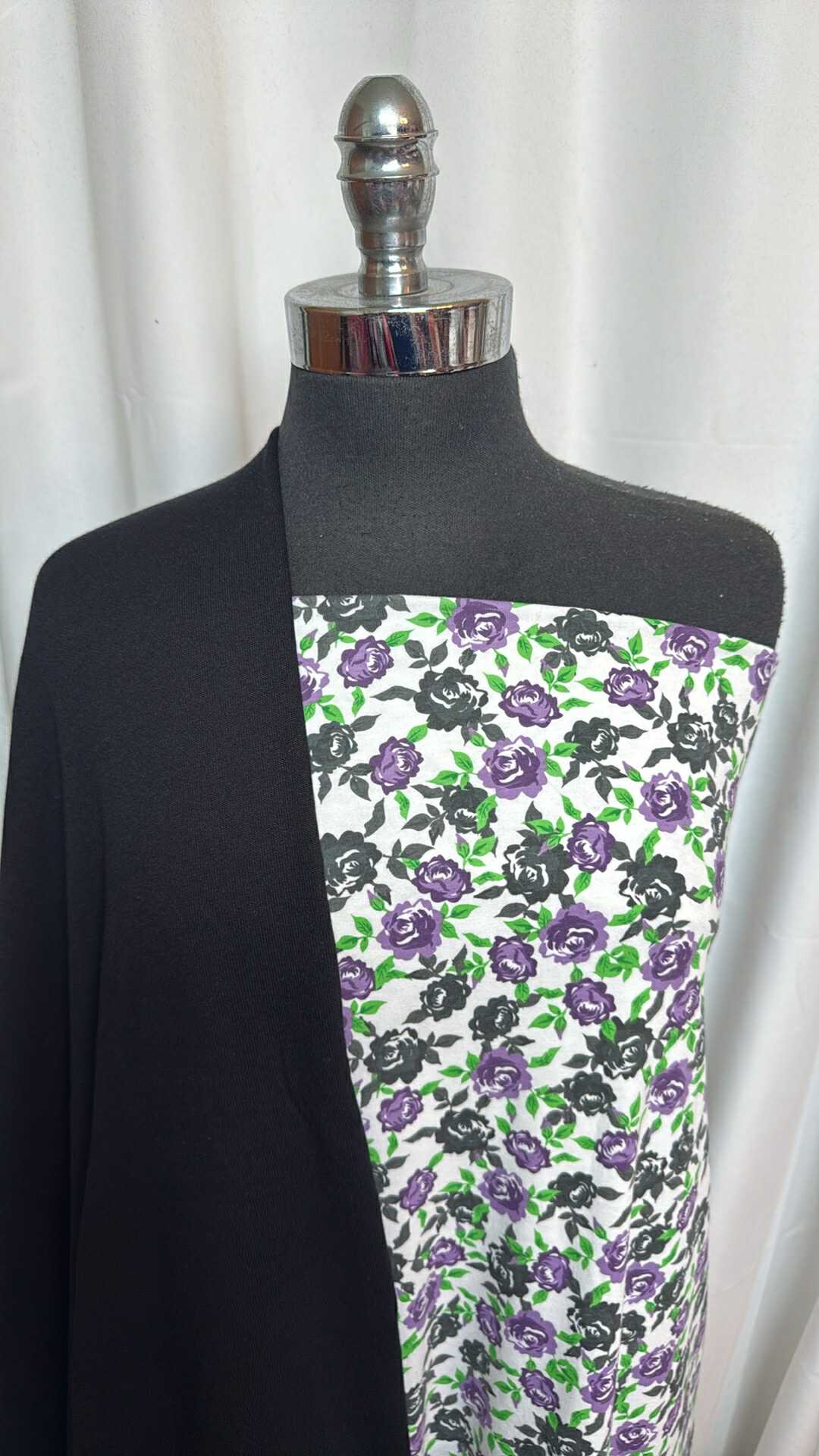 BLACK/PURPLE FLORAL BUNDLE : 2YD Black Sweatshirt Fleece (72" Wide) & 1+YD Purple Floral C/S (Flaw...see descr.) : A28510