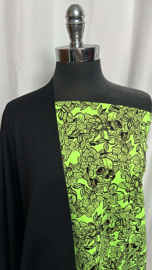 BLACK/LIME SKULLS BUNDLE : 1.5YD Solid Black Peached PF & 2YD Lime Skulls Peached PF : A29672