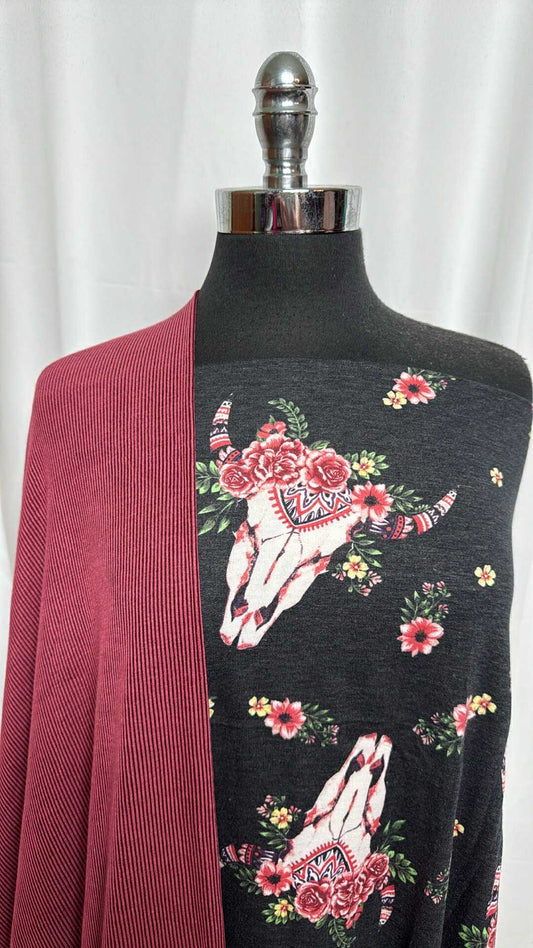 BURGUNDY/FLORAL SKULL BUNDLE : 2YD Burgundy 2-Tone Rib & 2YD Floral Skull PRS FT : A29184