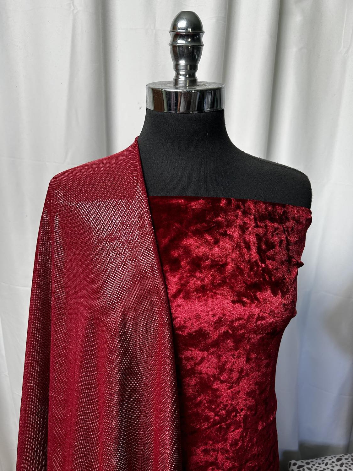 RED VELVET BUNDLE : 2YD Red Crushed Stretch Velvet & 1+YD Red Shiny ITY w/Mesh Overlay : A1553