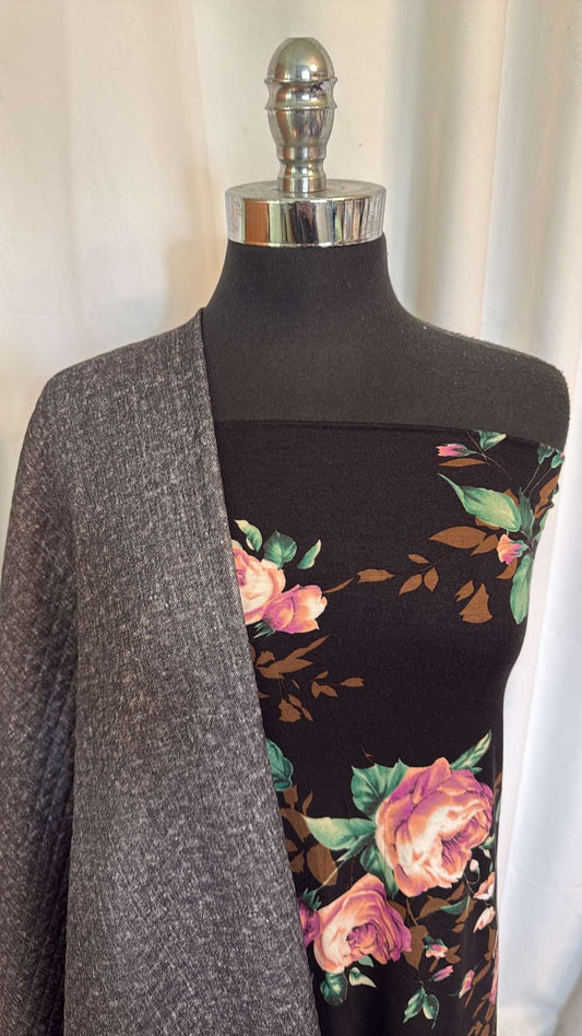 BLACK DENIM QUILTED/FLORAL BUNDLE : 2YD Black "Denim" Quilted & 2YD Black Floral R/S : A26753