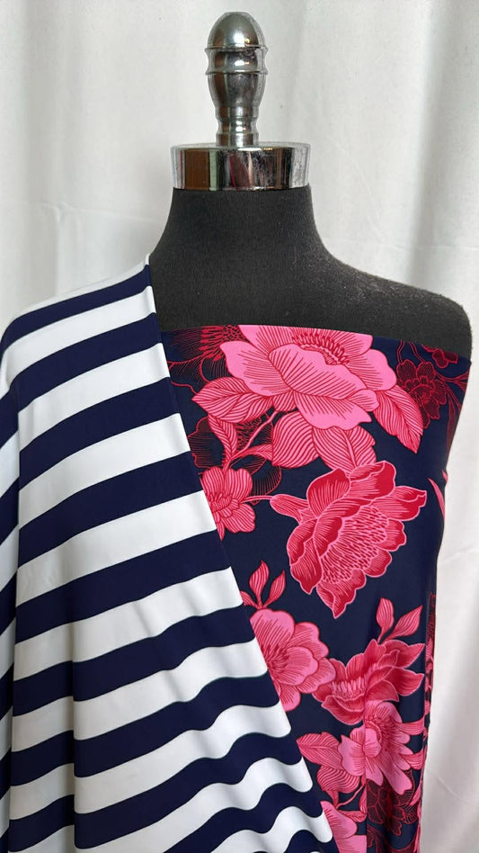 NAVY STRIPE/FLORAL BUNDLE : 2YD Navy/Pink Floral N/S & 2YD Navy Stripe N/S : A29944
