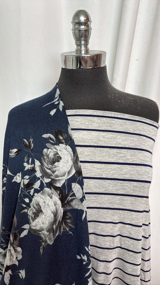 GREY STRIPE/NAVY FLORAL BUNDLE : 2YD Grey Stripe R/S & 4YD Navy Floral Brushed Hacci SK : A31025