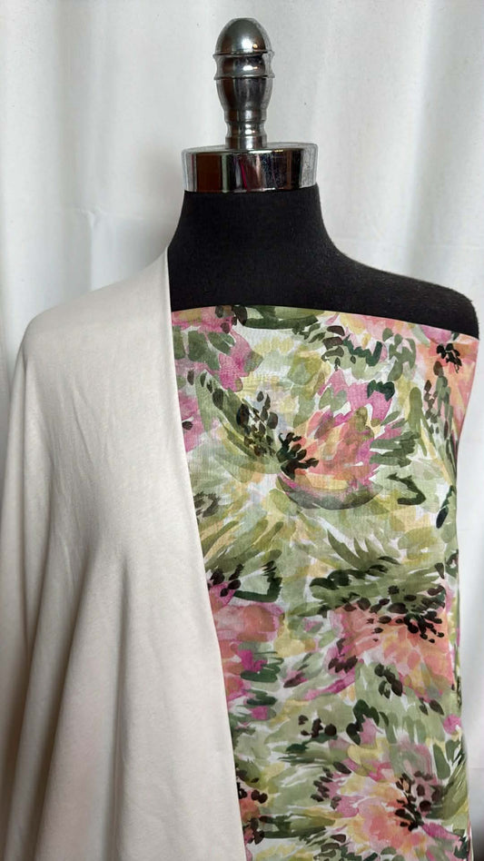 WHITE/GREEN FLORAL BUNDLE : 2.5YD Green Cotton Voile & 2YD White Supima Cotton Jersey : A29767