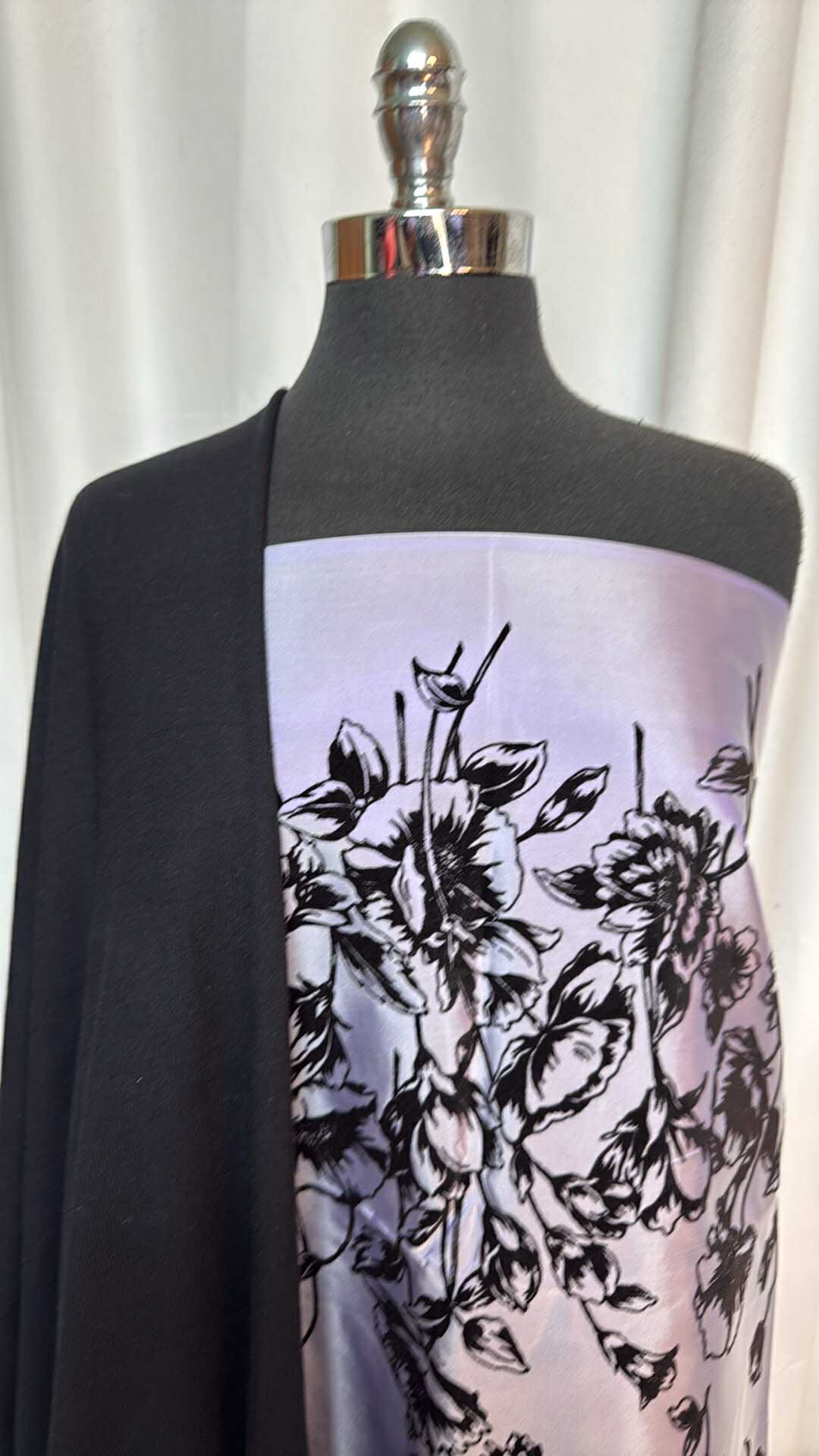 BLACK/PURPLE FLORAL BORDER BUNDLE : 2YD Purple Floral Single-Border Flocked Poly Woven & 1YD Black Modal Rib : A28817