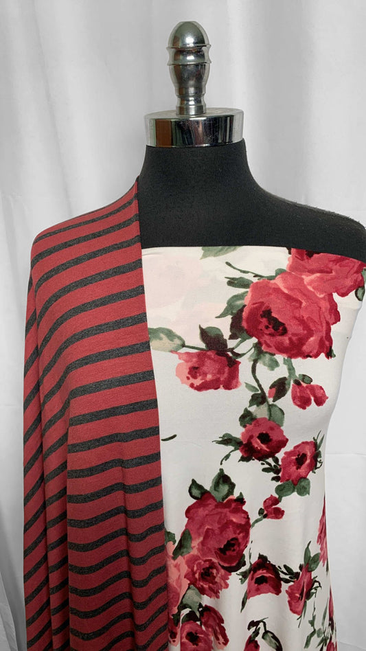 RED STRIPE/FLORAL BUNDLE : 1YD Ivory/Red Floral DBP & 2YD Stripe Bamboo : A25689