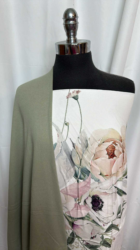 SAGE/IVORY FLORAL BUNDLE : 3.5YD Ivory Floral Rayon Woven & 2YD Sage C/P FT : A27528