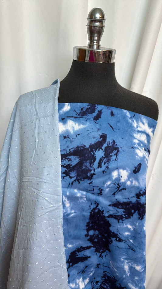 TIE DYE/SWISS DOT BUNDLE : 2YD Blue Tie Dye Stretch Twill & 2YD Swiss Dot Rayon Woven : A27582