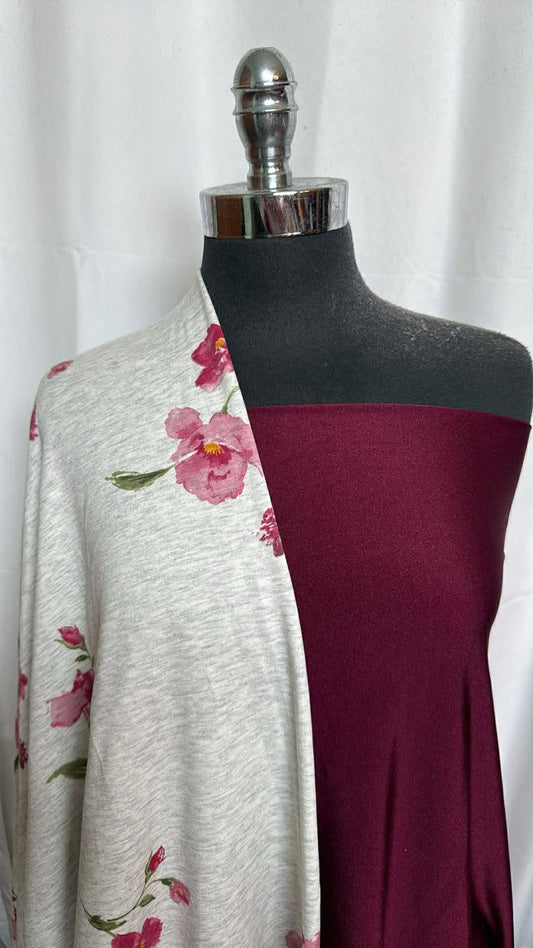 BURGUNDY SHIMMER/FLORAL BUNDLE : 2YD Grey Floral PRS FT & 2YD Burgundy Shimmer Yoga PF : A30052