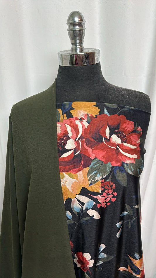 ARMY GREEN/BLACK FLORAL BUNDLE : 2YD Black Floral Yoga PF & 1.5YD Army Green Peached PF : A30197