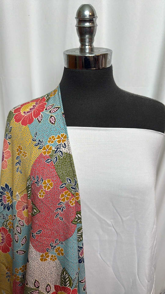 WHITE/PATCHWORK BUNDLE : 2YD White Rayon Challis & 2YD Patchwork Rayon Challis : A28106