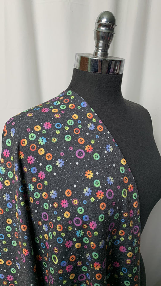 Black w/Rainbow Buttons - Poly/Rayon/Spandex French Terry - 2 Yard Cut