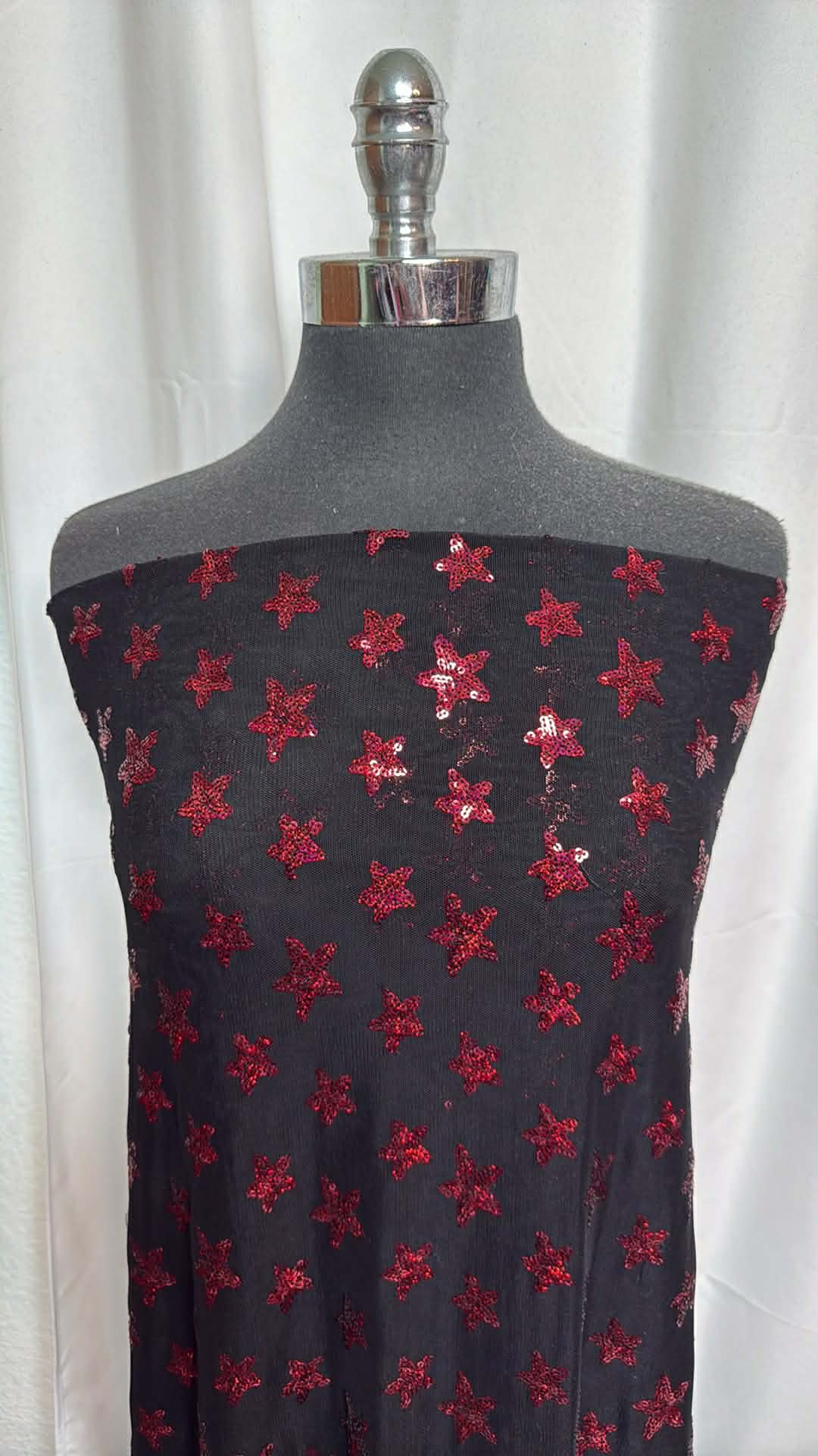 Black w/Red Sequin Stars - Stretch Mesh - 2 Yard Cut