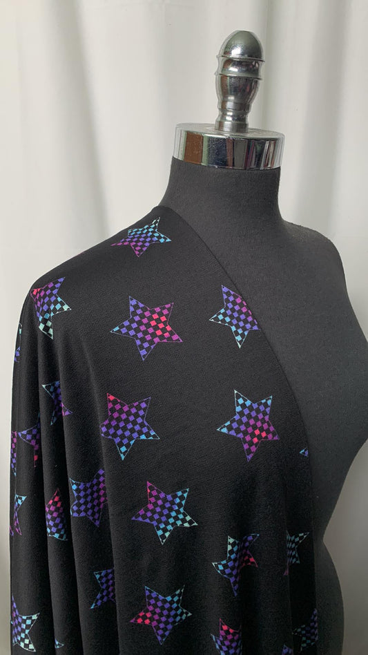 Black w/Rainbow Checker Stars - Poly/Rayon/Spandex French Terry - 2 Yard Cut