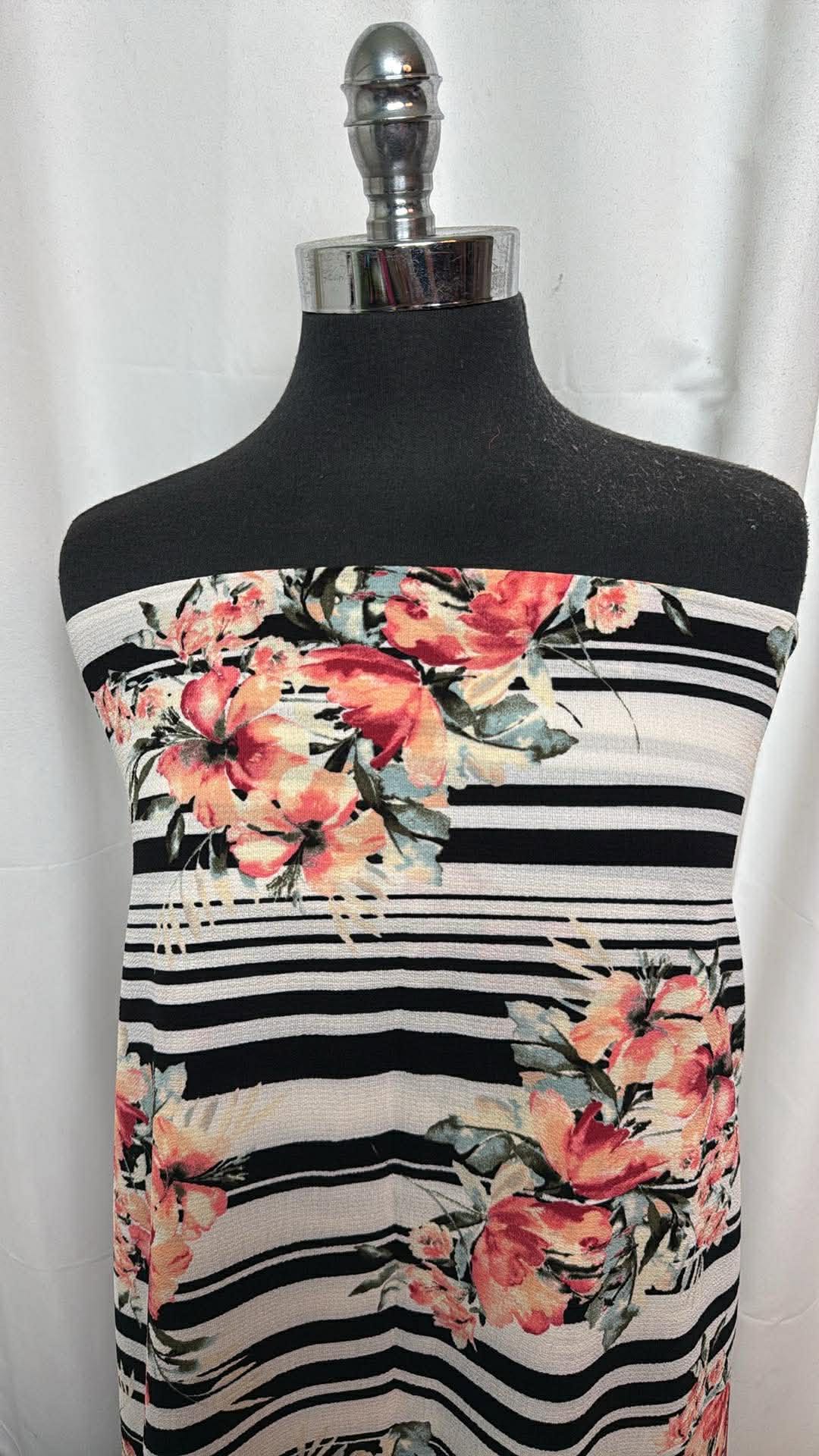 Black Floral/Stripe - Bubble Crepe - 2 Yard Cut
