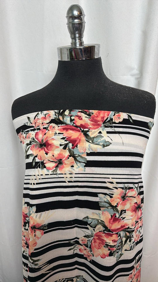 Black Floral/Stripe - Bubble Crepe - 2 Yard Cut