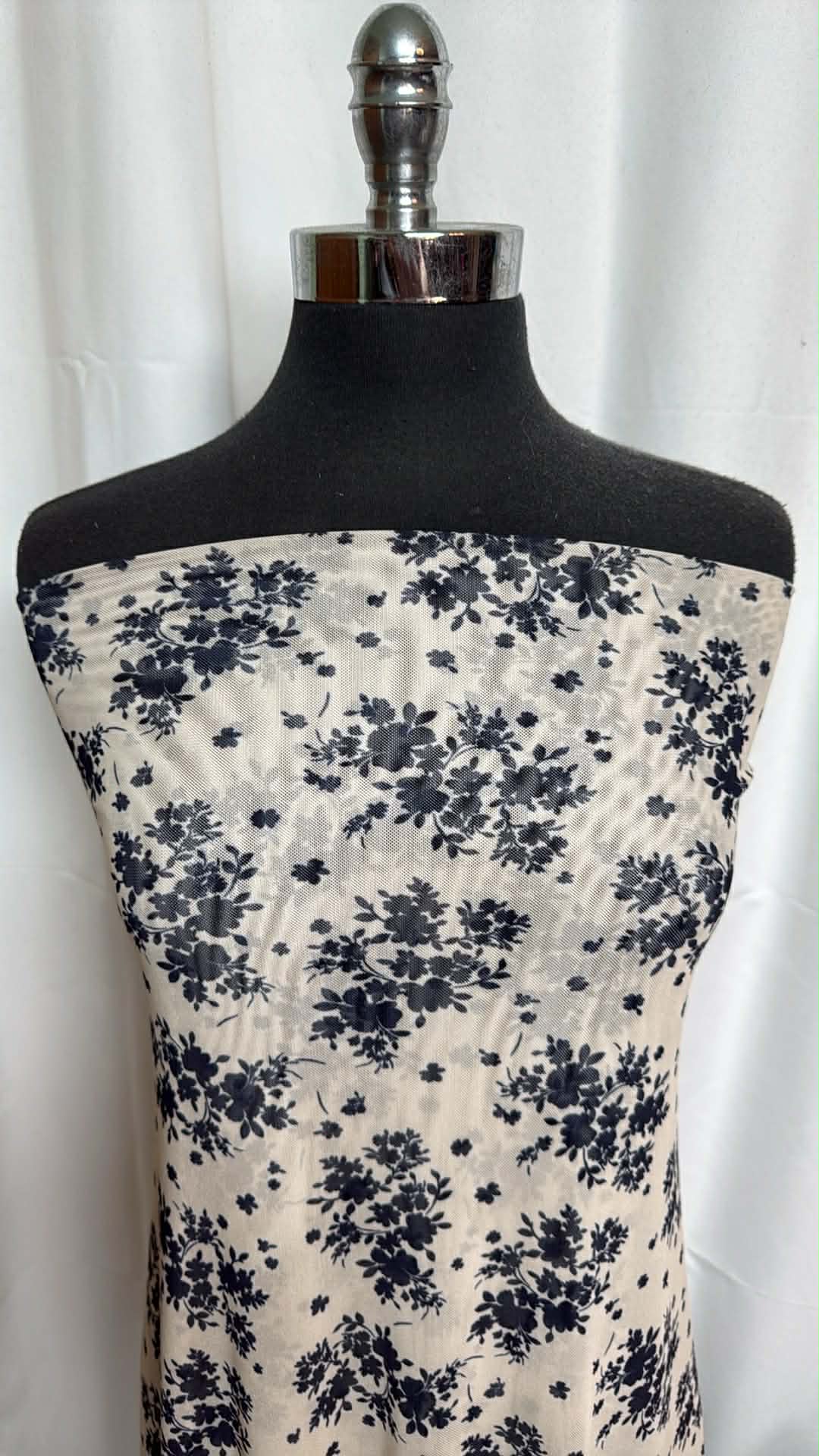Cream/Navy Floral - Stretch Mesh - 2 Yard Cut
