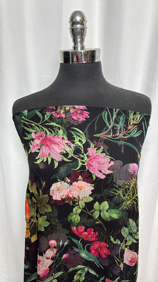 Black Mixed Floral - Crinkle Chiffon - 2 Yard Cut