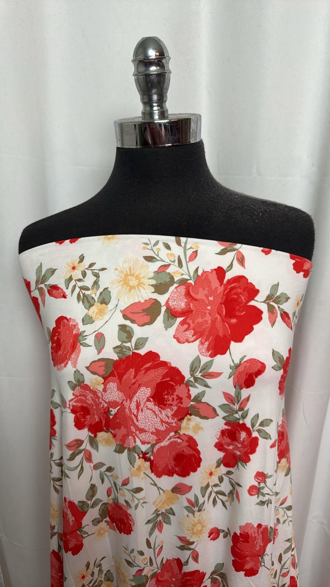 Red Floral on Ivory - Double Brushed Poly Spandex - 2 Yard Cut