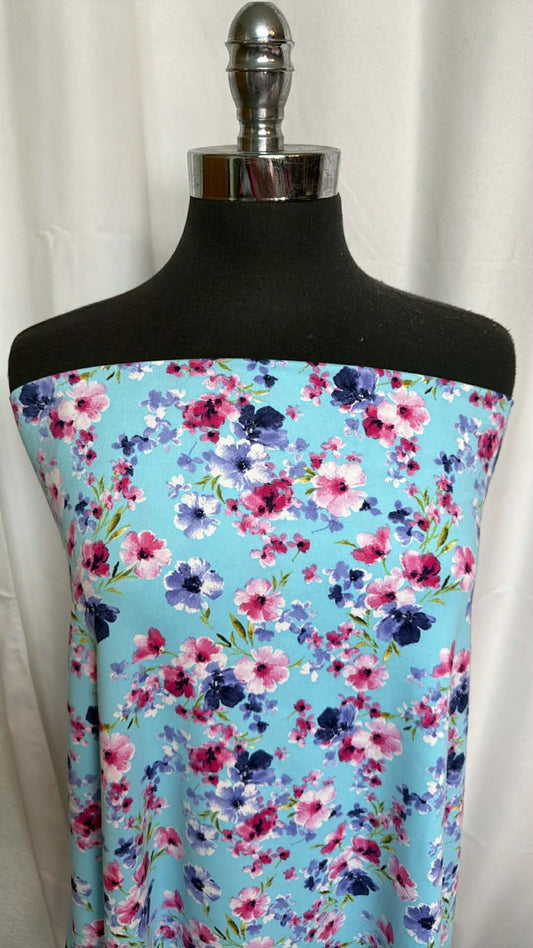 Blue Floral - Double Brushed Poly Spandex - 2 Yard Cut
