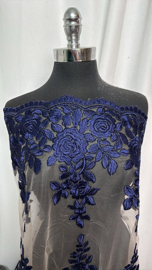Navy Floral - Double-Border Embroidered & Beaded Mesh - 2 Yard Cut