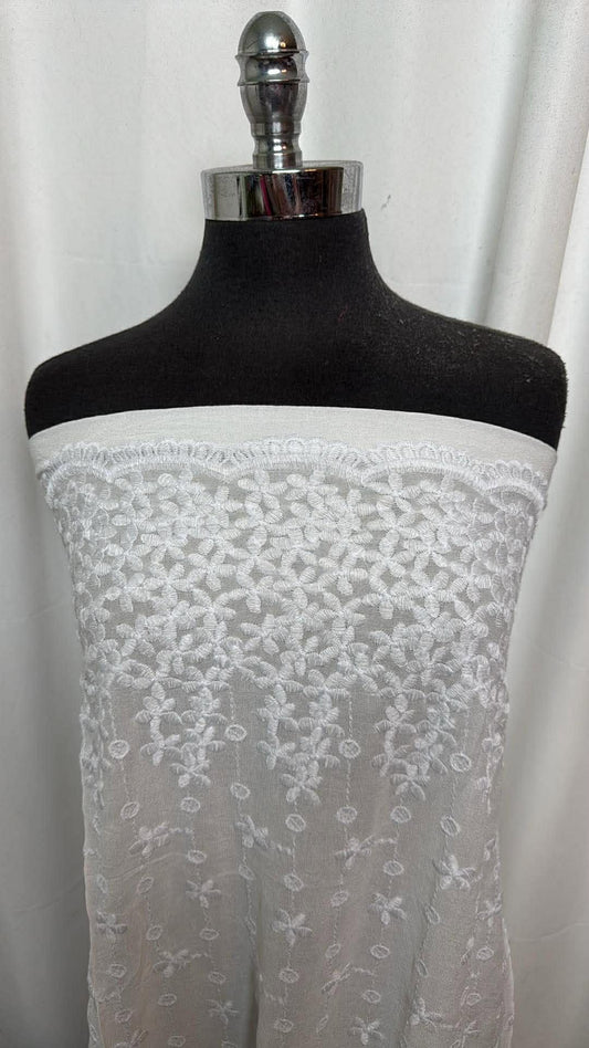Embroidered Ivory Floral - Double-Border Rayon Woven - 2 Yard Cut