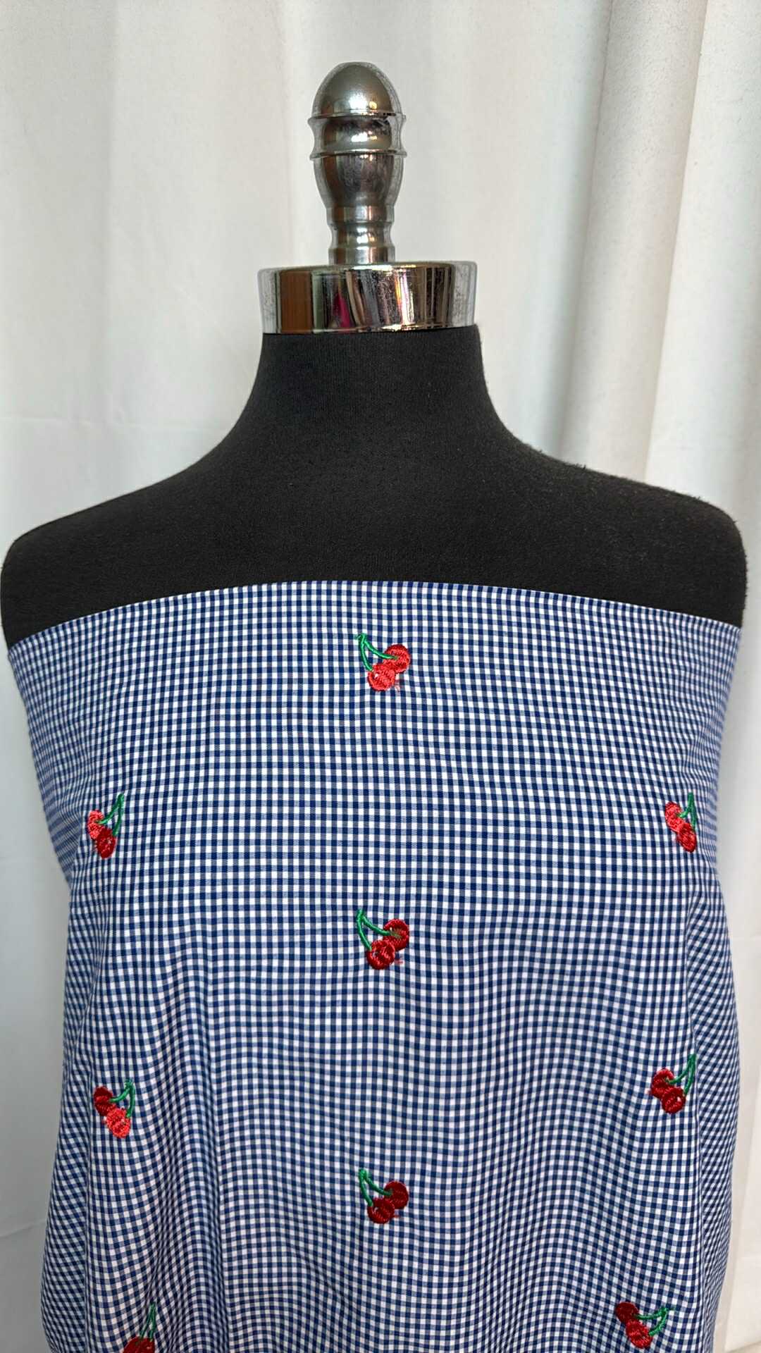 Blue Gingham Embroidered Cherries - Poly Woven - 2 Yard Cut