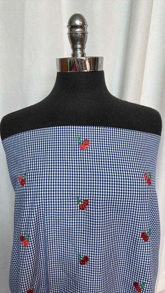 Blue Gingham Embroidered Cherries - Poly Woven - 2 Yard Cut