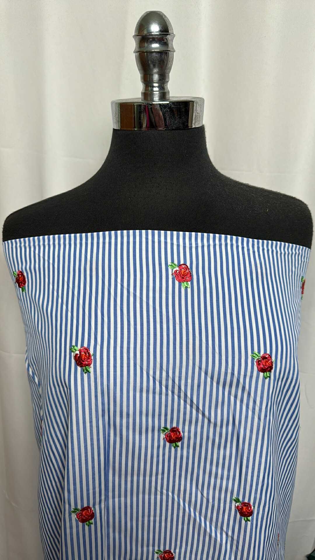 Blue Stripe w/Embroidered Flowers - Embroidered Poly Woven - 2 Yard Cut