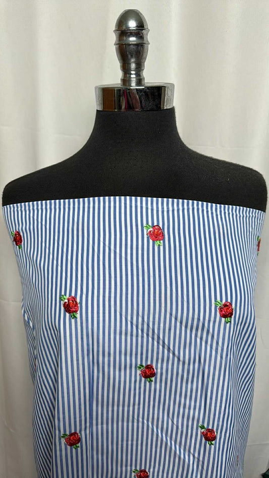 Blue Stripe w/Embroidered Flowers - Embroidered Poly Woven - 2 Yard Cut
