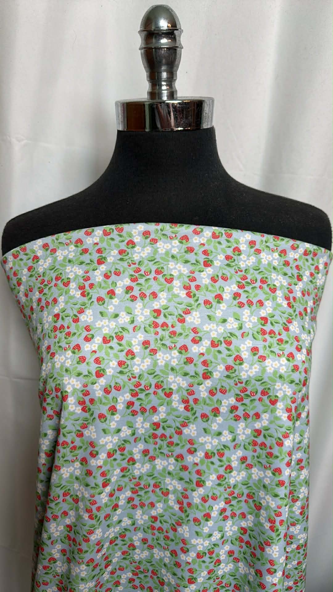 Light Blue Strawberries - Poly Rayon Spandex Ponte - 2 Yard Cut