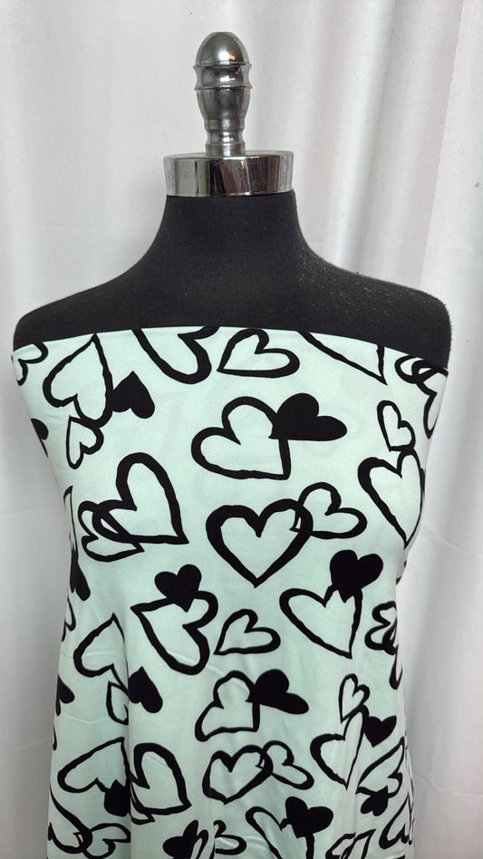 Mint/Black Hearts - Double Brushed Poly Spandex- 2 Yard Cut