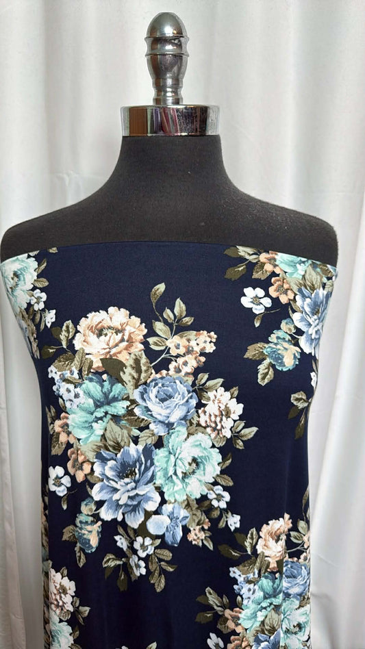 Navy Floral - Double Brushed Poly Spandex - 2 Yard Cut